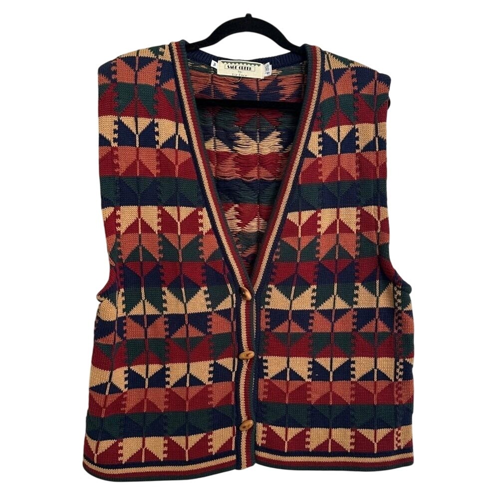 VTG Sage Creek by Liz Ence Southwestern Cotton‎ Knit Sweater Vest XL Made in USA